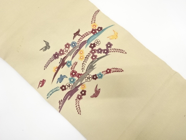 正絹　紅型染　名古屋帯 ブルー主体に椿の図　未使用品　360㎝ 小紋　紬等に 正絹 紅型染 名古屋帯 ブルー主体に椿の図 360㎝ 小紋 紬等